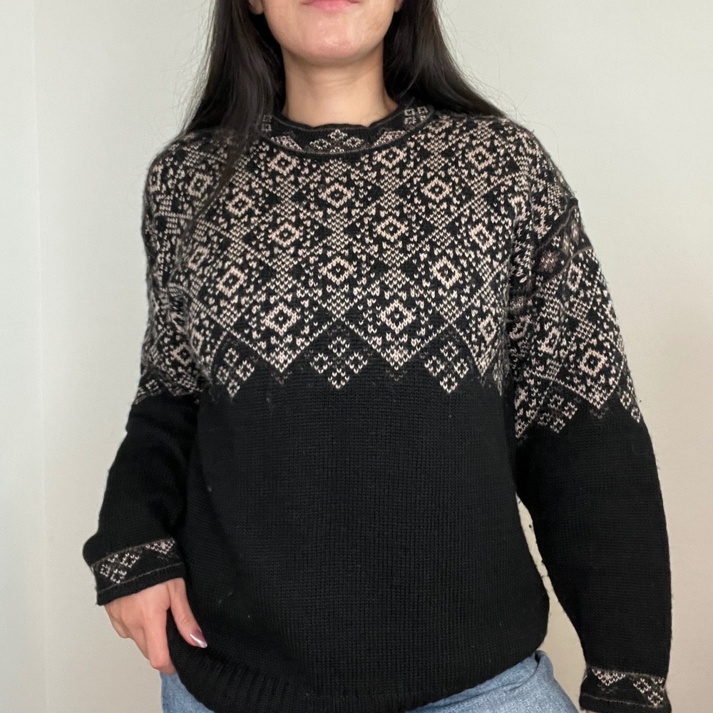 Meister Crewneck Sweater Women Medium Black Fair Isle Wool Knit Long Sleeve 90s